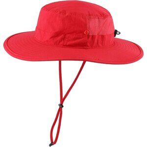 Unisex Red 100% Nylon Wide Brim Boonie Chin Strap Adjustable Classic Bucket Hat